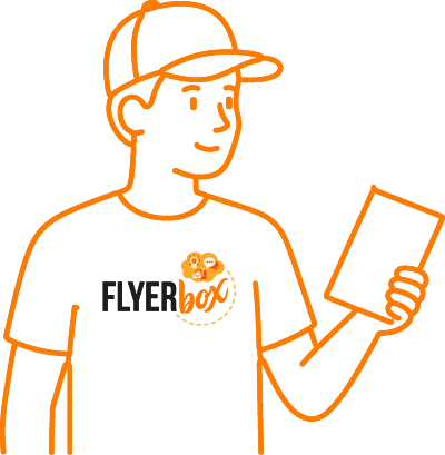 Illustrazione di un addetto Flyerbox con cappellino e volantino in mano.